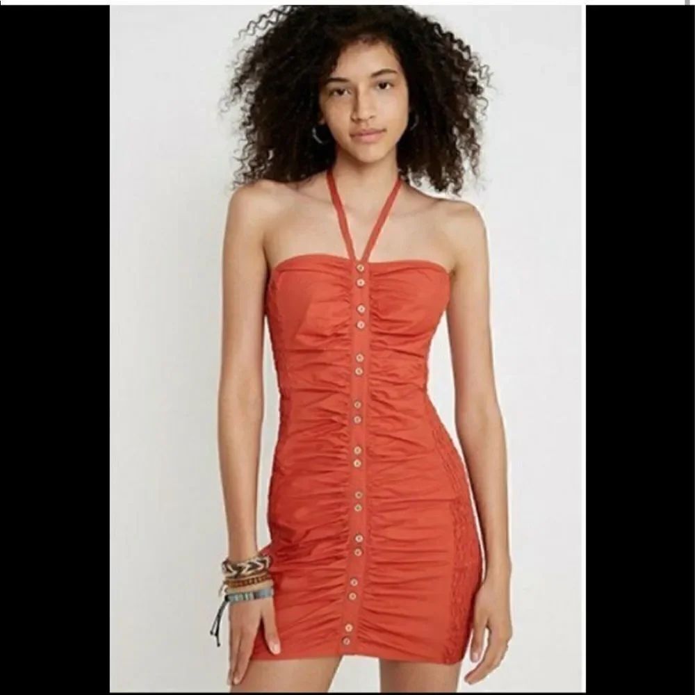 FREE PEOPLE HOLD ON MINIDRESS SIZE Medium RED RUST HALTER TOP RUCHED